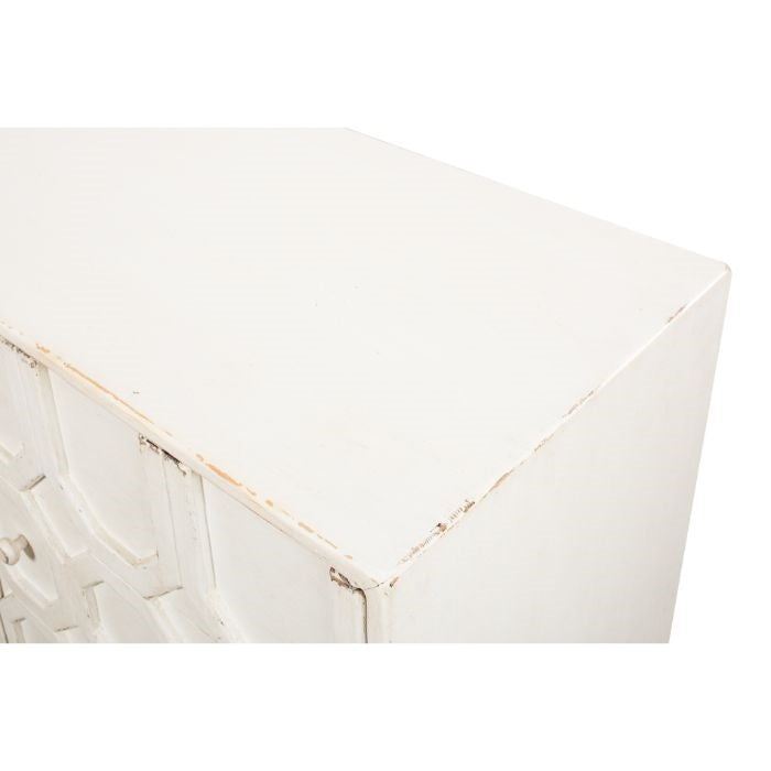 distressed antique white sideboard with lattice-facade