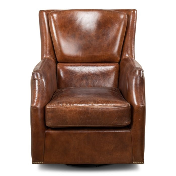 brown leather swivel armchair