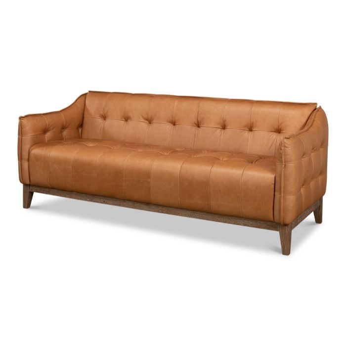 tan leather tufted sofa whitewash oak base