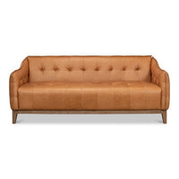 tan leather tufted sofa whitewash oak base