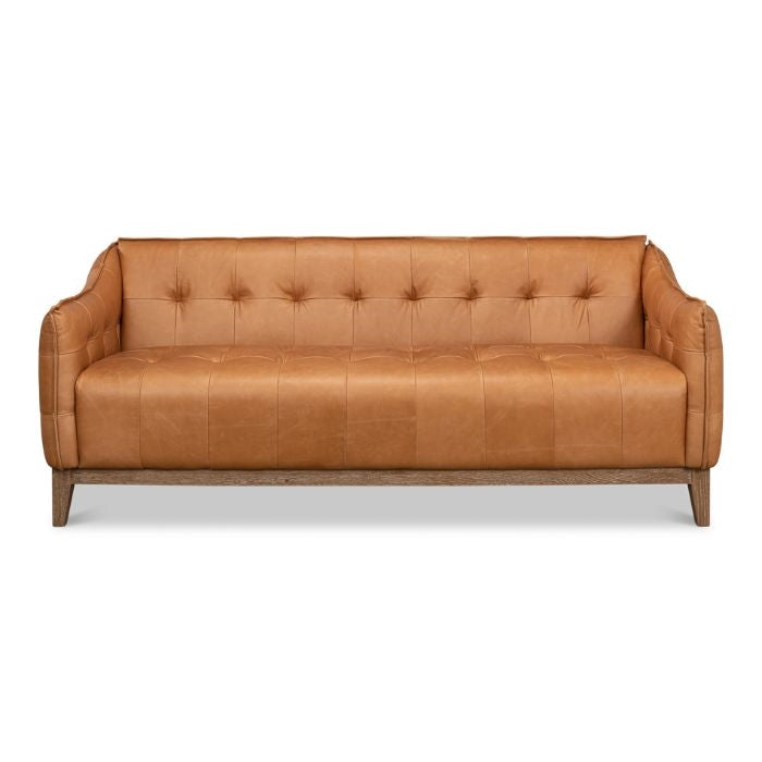 tan leather tufted sofa whitewash oak base