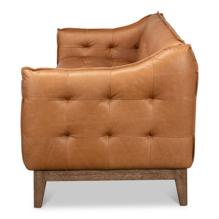 tan leather tufted sofa whitewash oak base