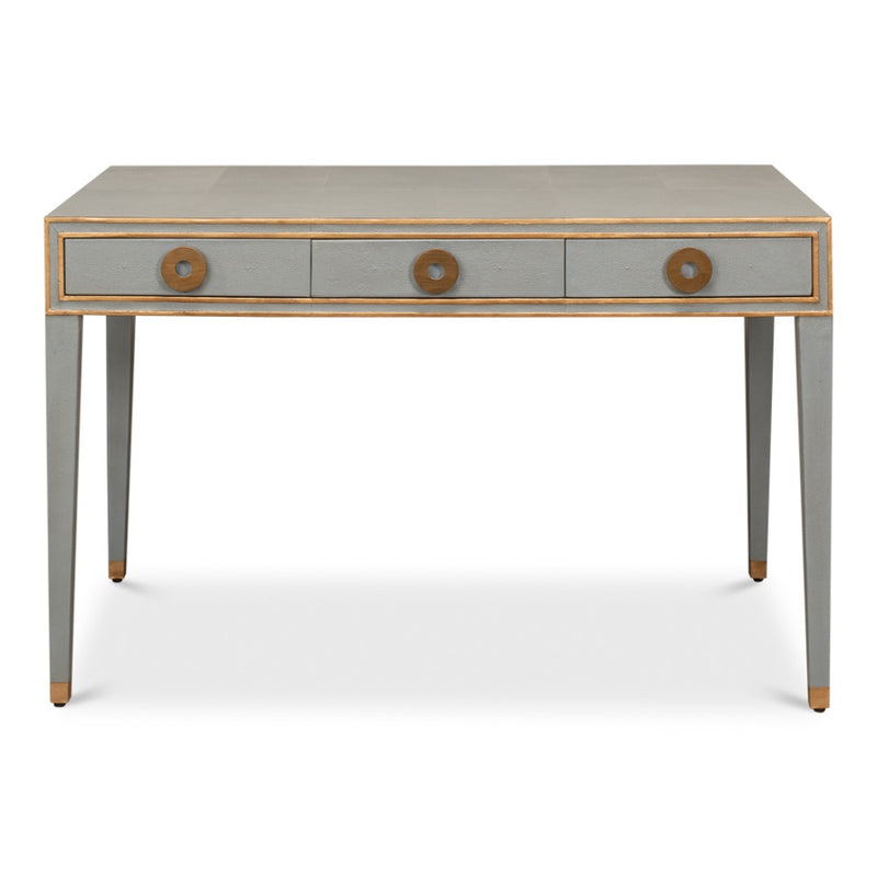 Storm grey shagreen leather 3-drawer desk table Gold leather trim