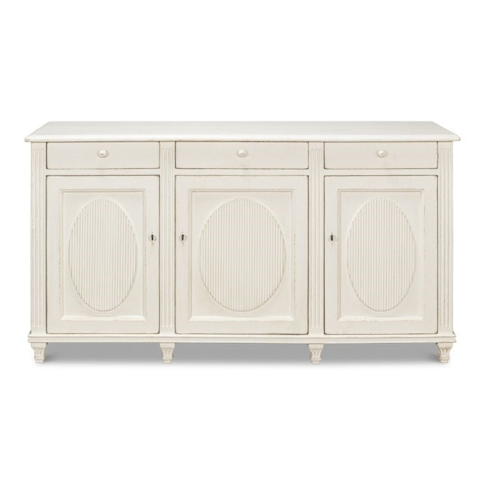 sideboard raised doors 3 drawers antique off-white