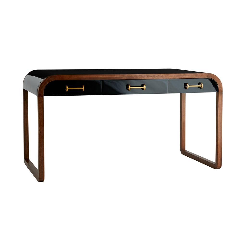 black lacquer desk rounded corners walnut frame brass hardware