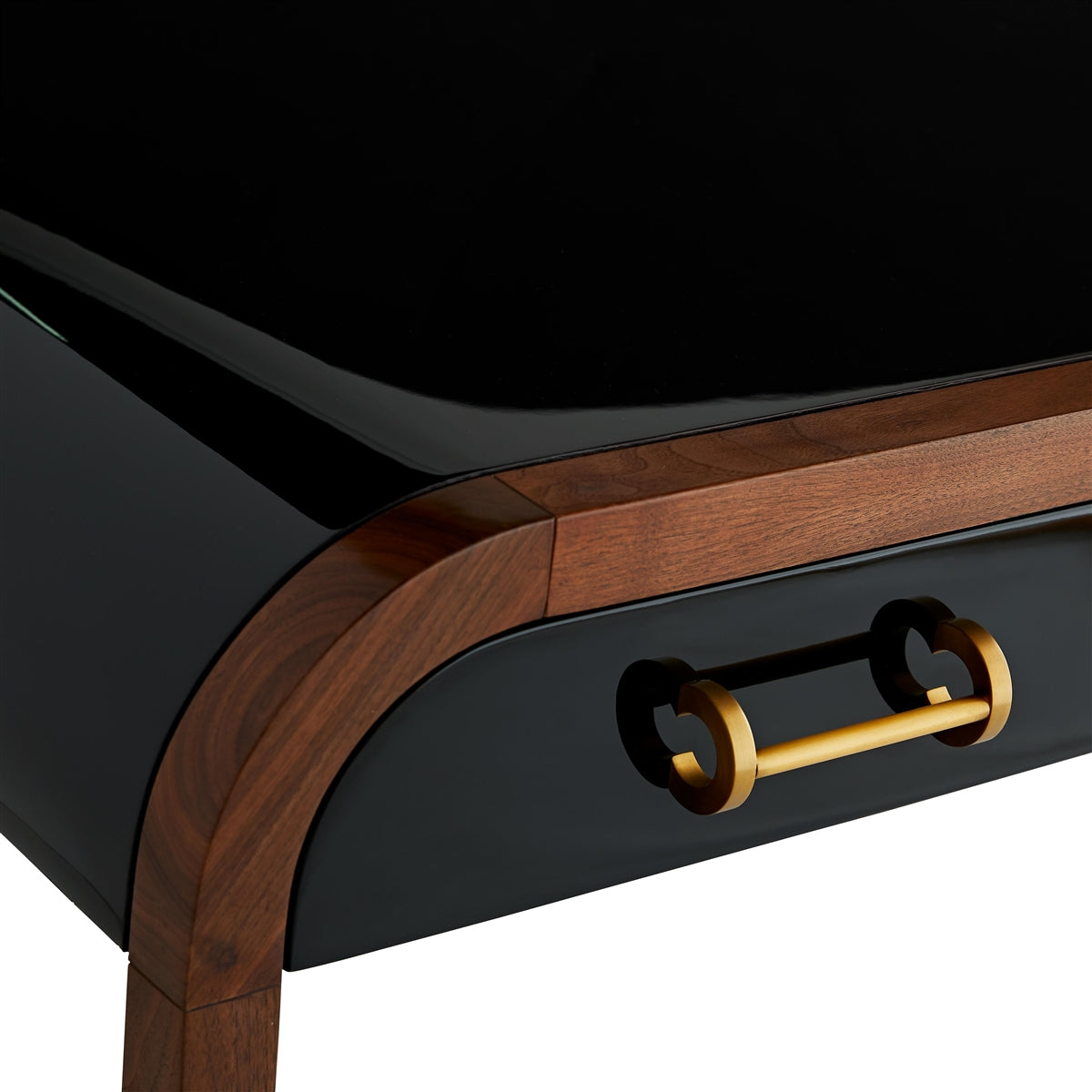 black lacquer desk rounded corners walnut frame brass hardware