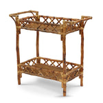 The Tortoise Shell Bamboo Beverage Stand by Kenian is a two-tier side table featuring a crisscross design and a natural finish, ideal for adding style as a beverage stand.