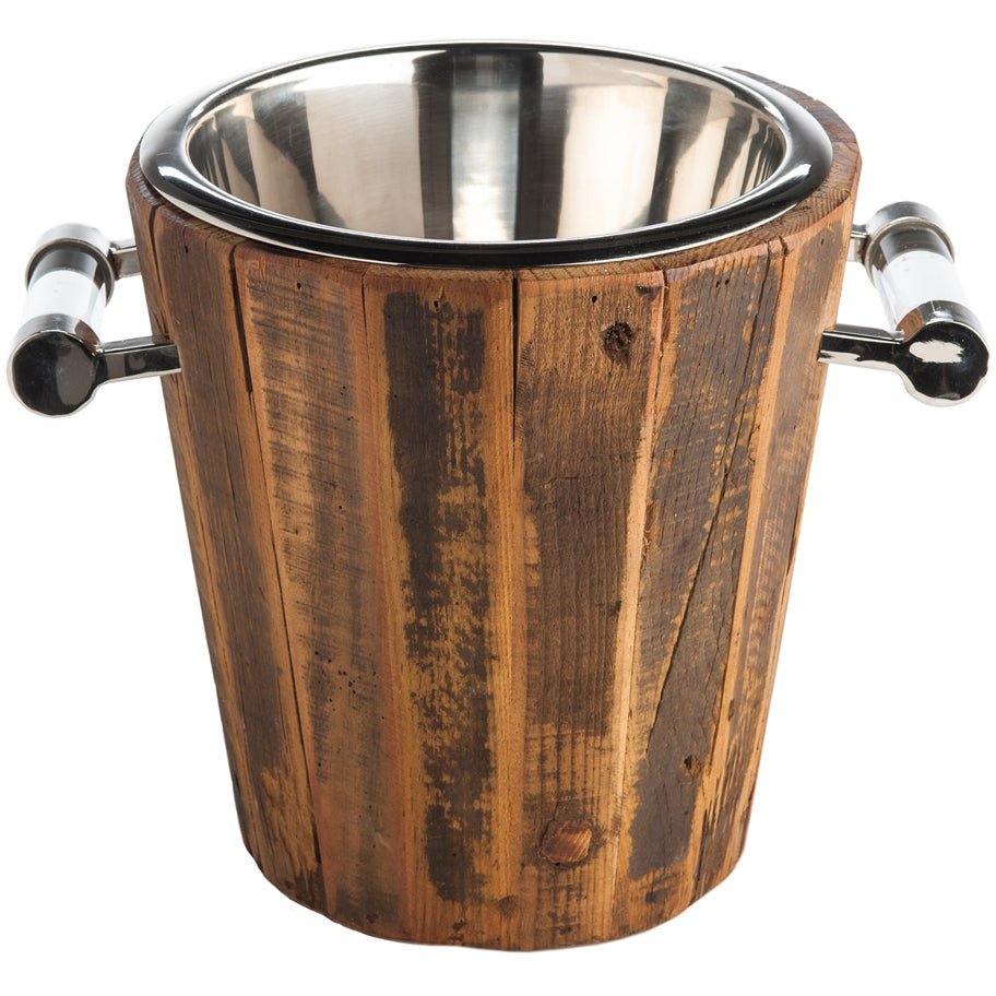ice bucket reclaimed wood silver glass handles