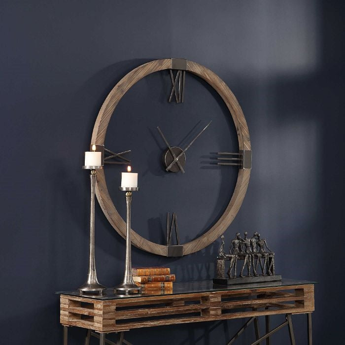 round wall clock floating dial natural stain