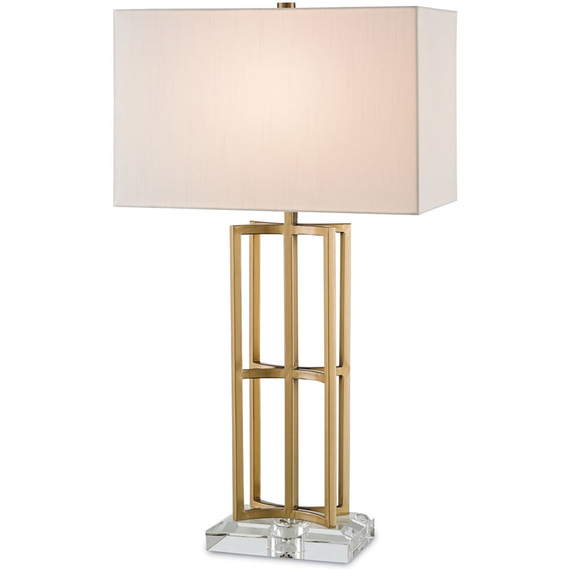 contemporary brass body clear acrylic base off-white square shade table lamp