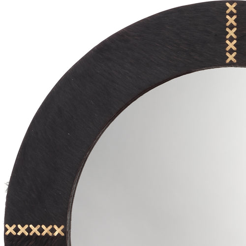 round wall mirror dark espresso hide x-rivets antique brass