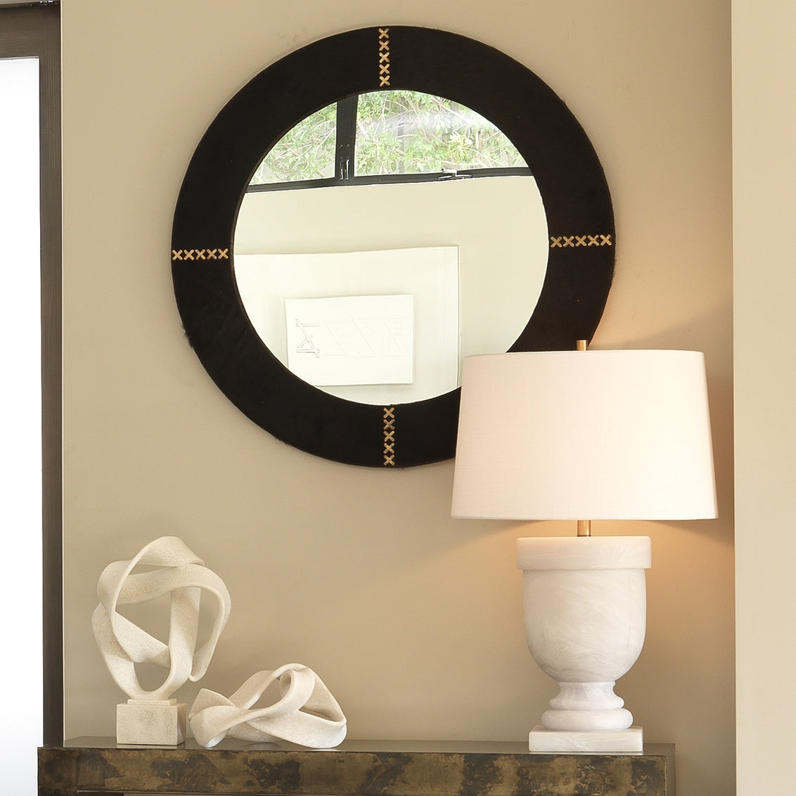 round wall mirror dark espresso hide x-rivets antique brass