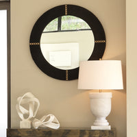 round wall mirror dark espresso hide x-rivets antique brass