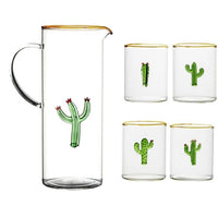 set 4 green cactus drinking glasses gold rim pitcher