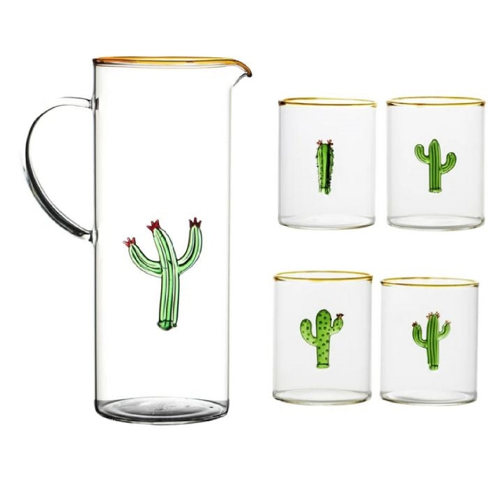 set 4 green cactus drinking glasses gold rim pitcher