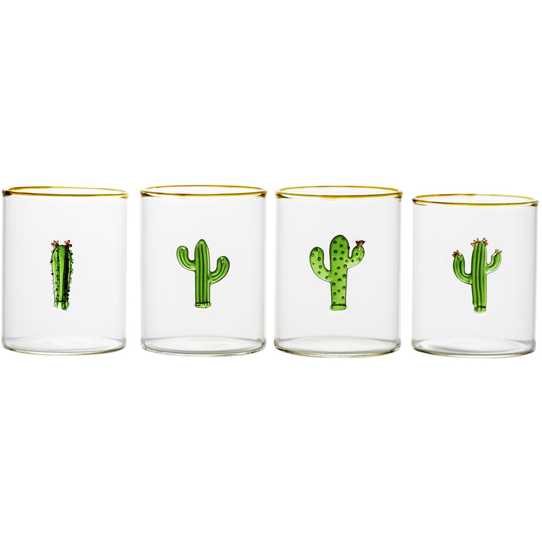 set 4 green cactus drinking glasses gold rim pitcher