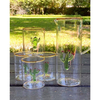 set 4 green cactus drinking glasses gold rim pitcher