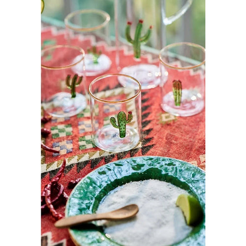 set 4 green cactus drinking glasses gold rim pitcher