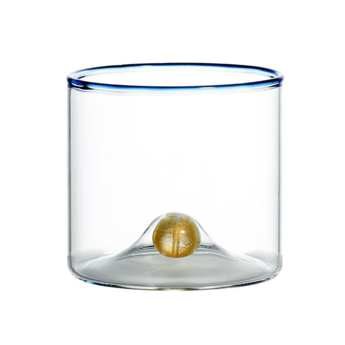 old fashioned glass blue trim set gold ball base