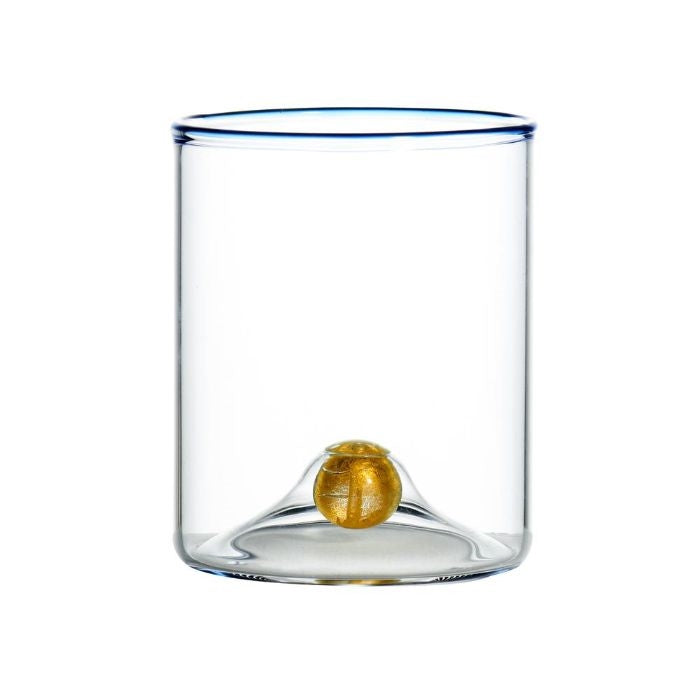 stemless wine glass blue trim gold ball base