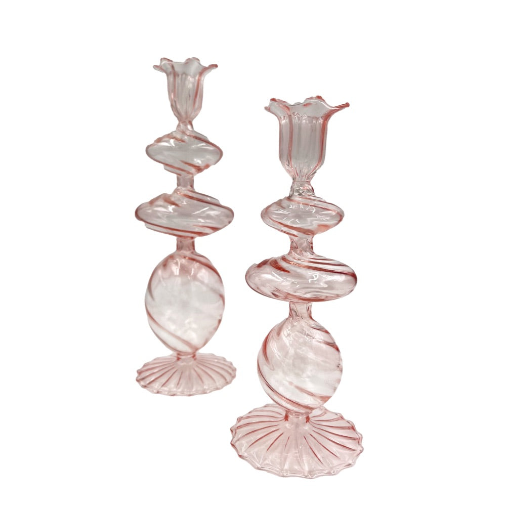 pink glass swirl taper candle holder