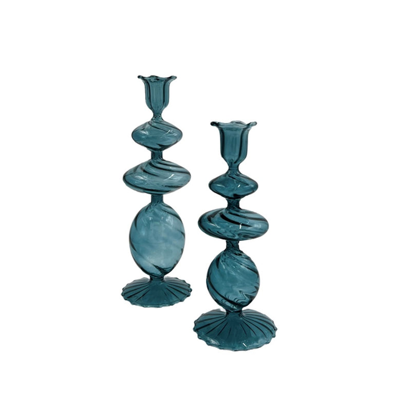 aqua blue glass swirl taper candle holder