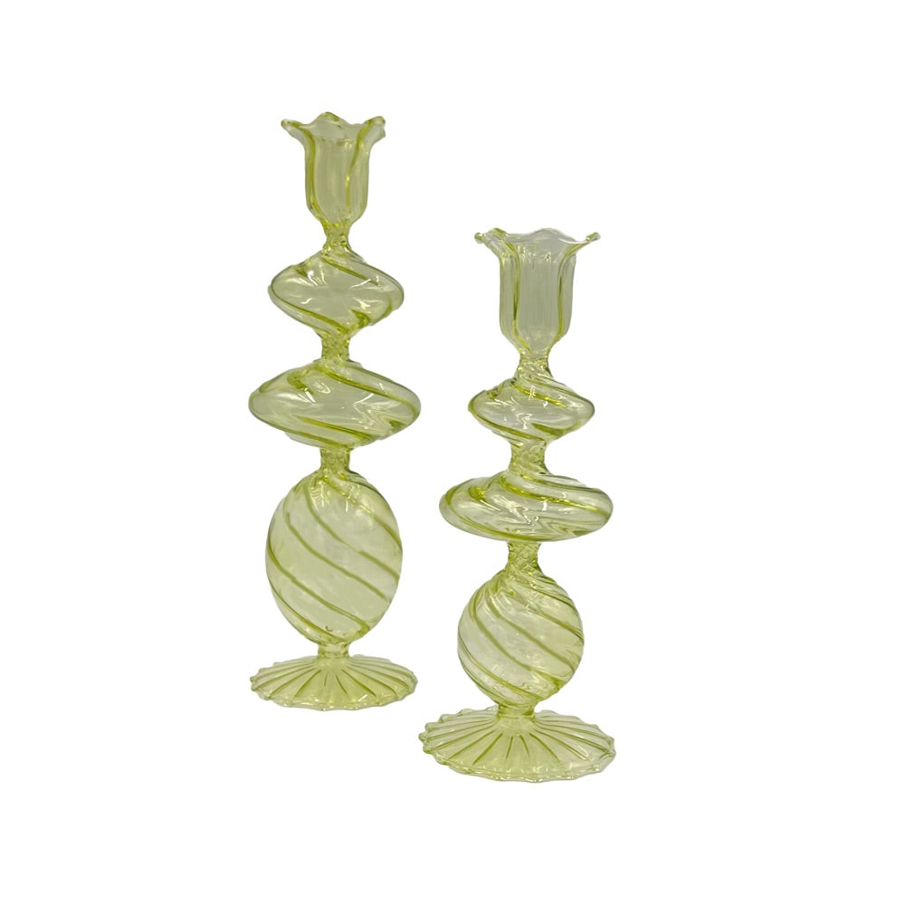 green glass swirl taper candle holder