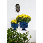 navy blue planter, blue planter on pedestal, raised blue planter, blue ceramic planter, textured planter on stand