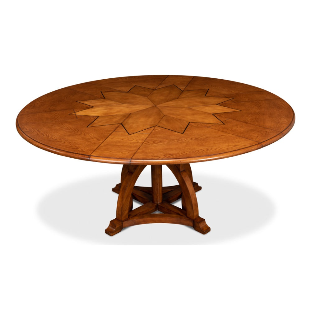 Sarreid, Ltd. round dining table expandable adjustable stored hidden leaves walnut 