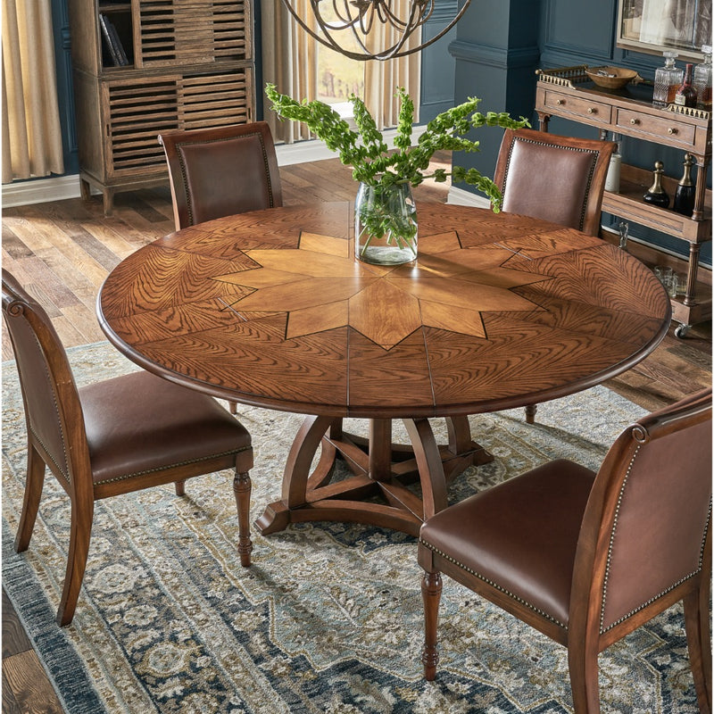 Sarreid, Ltd. round dining table expandable adjustable stored hidden leaves walnut