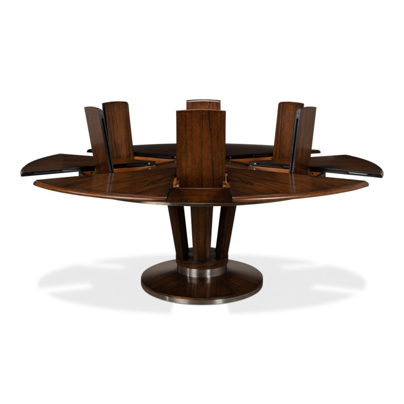 Sarreid, Ltd. round dining table adjustable expandable hidden leaves wood brown contemporary metal