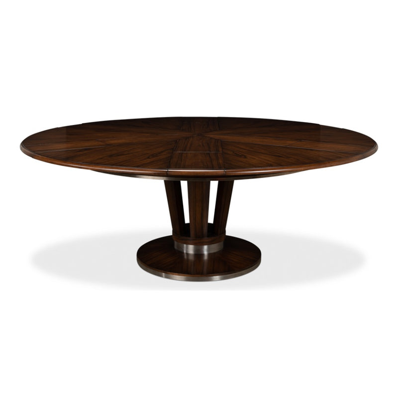 Sarreid, Ltd. round dining table adjustable expandable hidden leaves wood brown contemporary metal