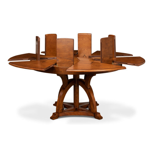 Sarreid, Ltd. dining table round expandable adjustable wood oak walnut veneer star hidden stored leaves