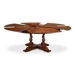 Sarreid, Ltd. round dining table adjustable expandable hidden leaves walnut wood brown stained turned legs