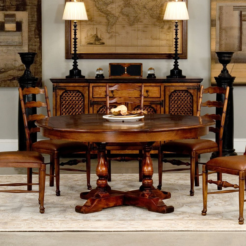 Sarreid, Ltd. round dining table adjustable expandable hidden leaves walnut wood brown stained turned legs