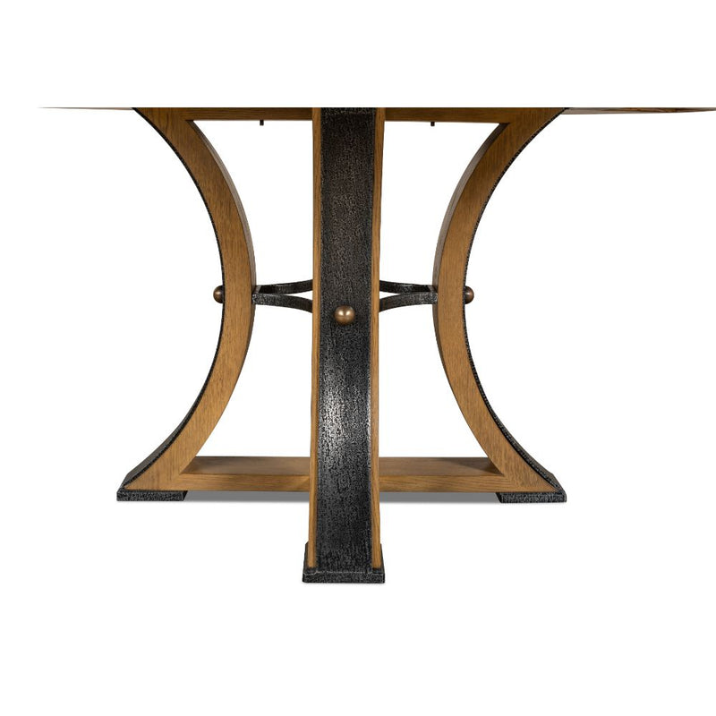 Unique light tan round table with dark leather finishes - Angle1