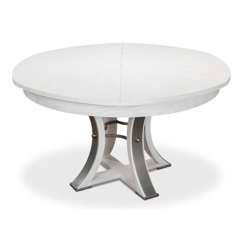 Unique round white wood table with metallic studs - Angle 1