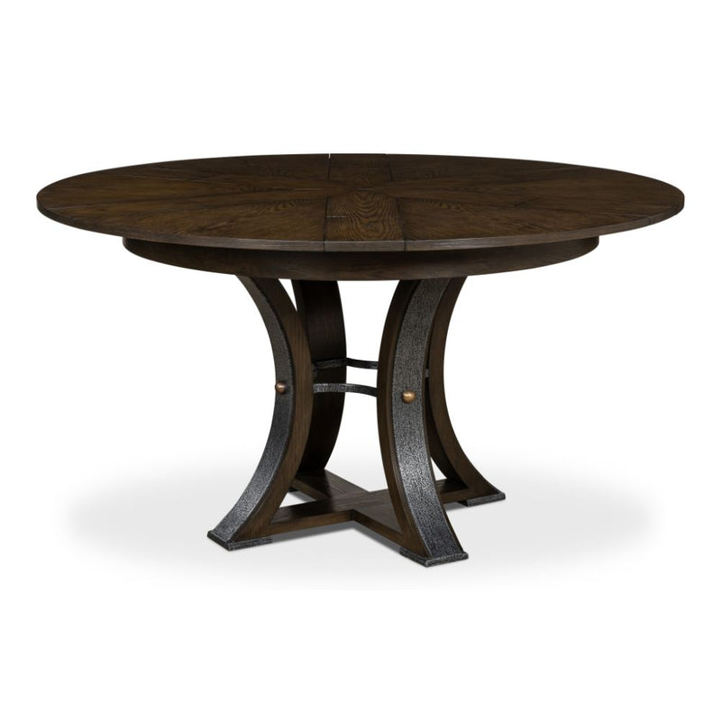 round wood dining table dark gray hammered metal expandable
