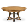 Large light tan round table with dark leather finishes