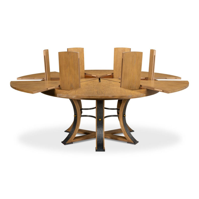 Sarreid, Ltd. round dining table adjustable expandable stored leaves transitional 6-leg concave metal strip