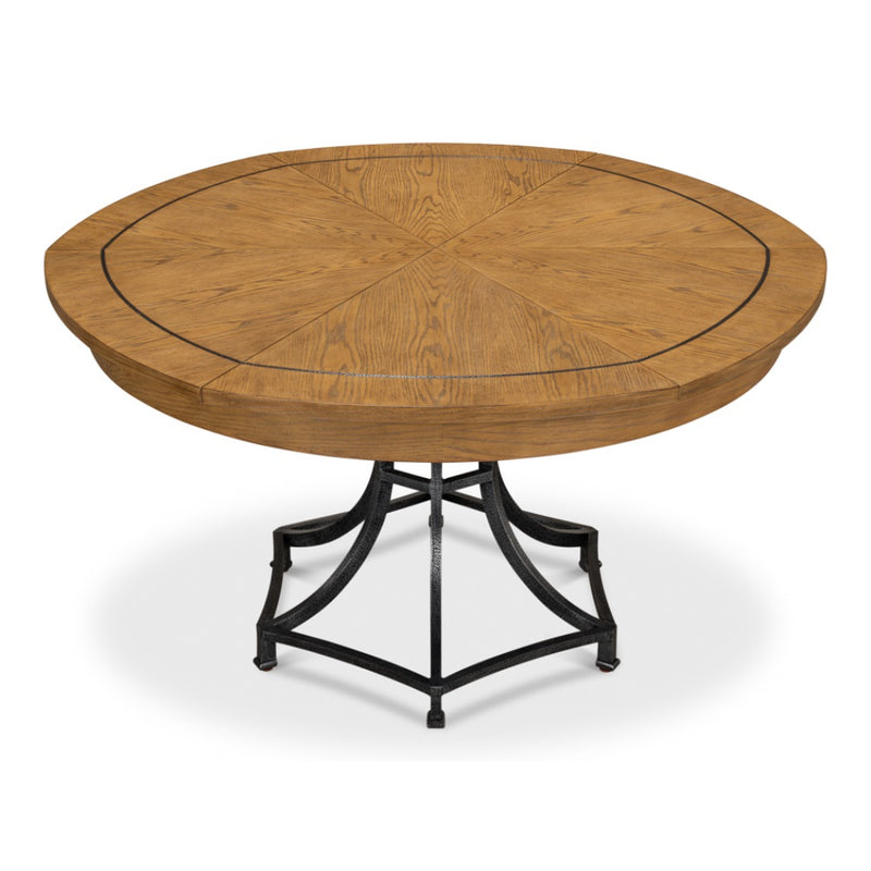 Unique tan wood table with metal legs