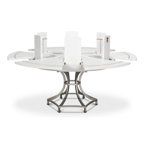 round wood dining table white metal inlays expandable