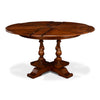 Sarreid, Ltd. round wood dining table stained walnut hidden leaves expandable adjustable turned legs seats 4-6