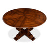 Sarreid, Ltd. round wood dining table stained walnut hidden leaves expandable adjustable turned legs seats 4-6