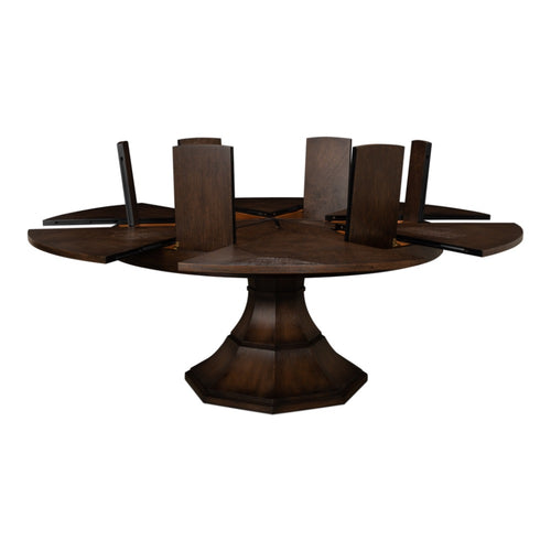 round Jupe dining table transitional medium brown finish expandable