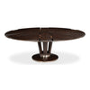 round wood dining table dark brown metal bands pedestal base contemporary