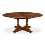 Sarreid, Ltd. round wood walnut stained dining table expandable adjustable four turned legs stored leaves