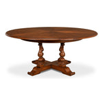 Sarreid, Ltd. round wood walnut stained dining table expandable adjustable four turned legs stored leaves