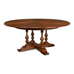 Sarreid, Ltd. round wood walnut stained dining table expandable adjustable four turned legs stored leaves