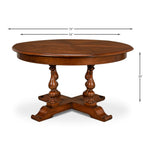 Sarreid, Ltd. round wood walnut stained dining table expandable adjustable four turned legs stored leaves